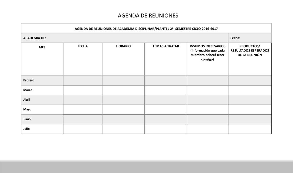 AGENDA DE REUNIONES AGENDA DE REUNIONES DE ACADEMIA DISCIPLINAR/PLANTEL 2º. SEMESTRE CICLO