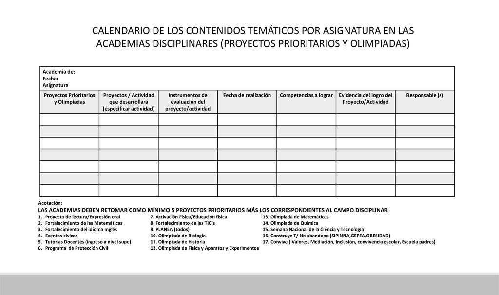 CALENDARIO DE LOS CONTENIDOS TEMÁTICOS POR ASIGNATURA EN LAS ACADEMIAS DISCIPLINARES (PROYECTOS PRIORITARIOS Y OLIMPIADAS)