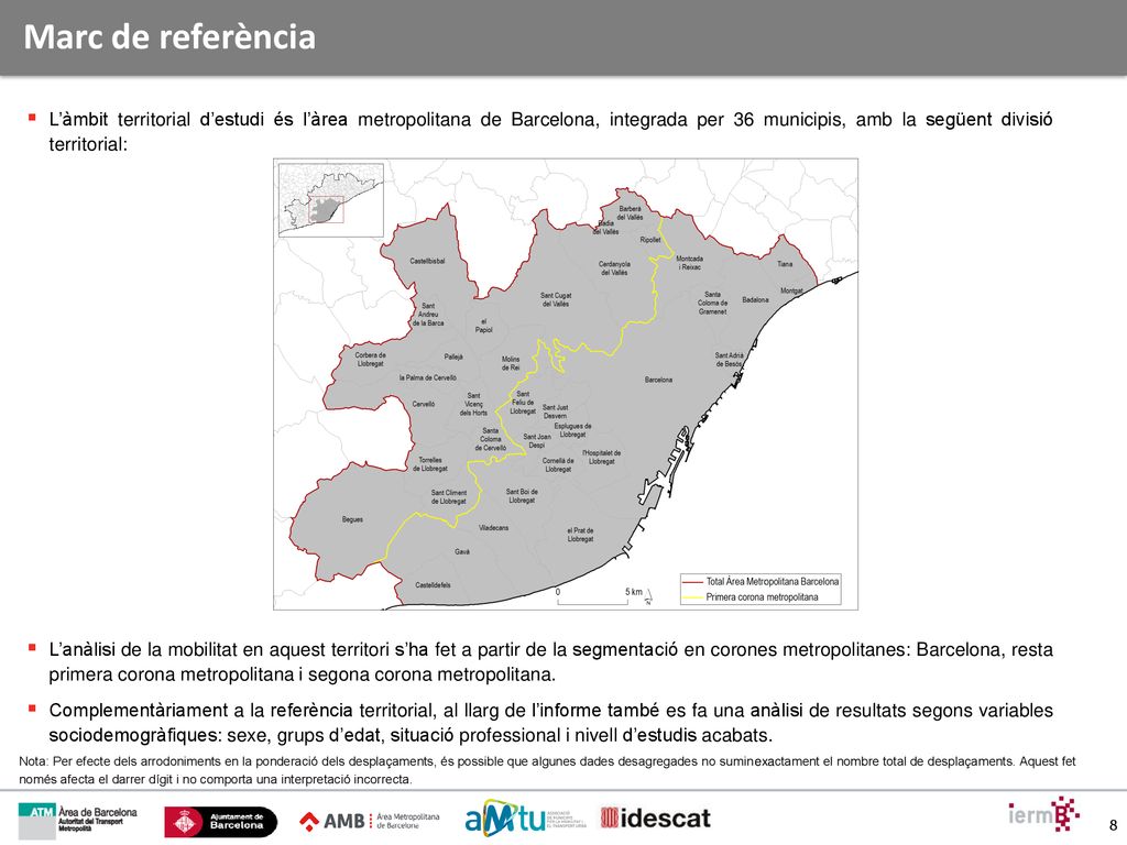 Marc de referència L’àmbit territorial d’estudi és l’àrea metropolitana de Barcelona, integrada per 36 municipis, amb la següent divisió territorial: