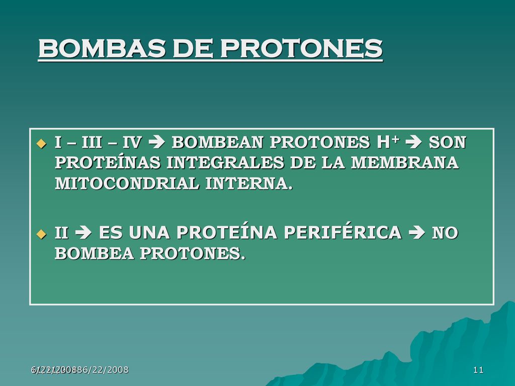 BOMBAS DE PROTONES I – III – IV  BOMBEAN PROTONES H+  SON PROTEÍNAS INTEGRALES DE LA MEMBRANA MITOCONDRIAL INTERNA.