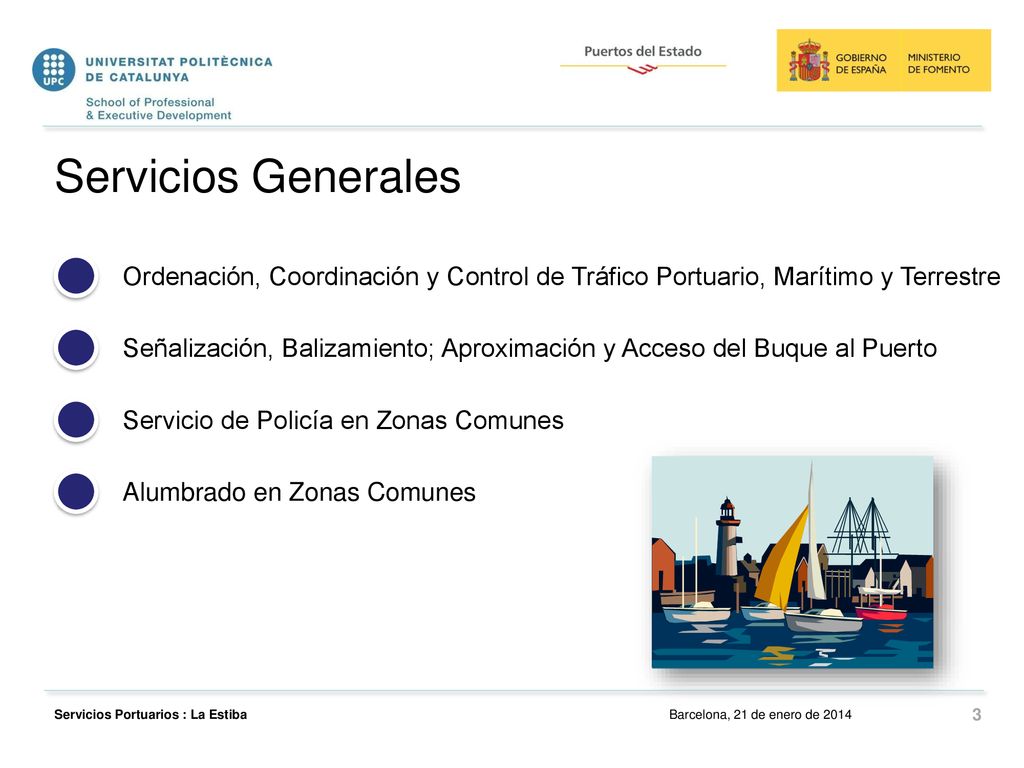 Servicios Generales Ordenación, Coordinación y Control de Tráfico Portuario, Marítimo y Terrestre.