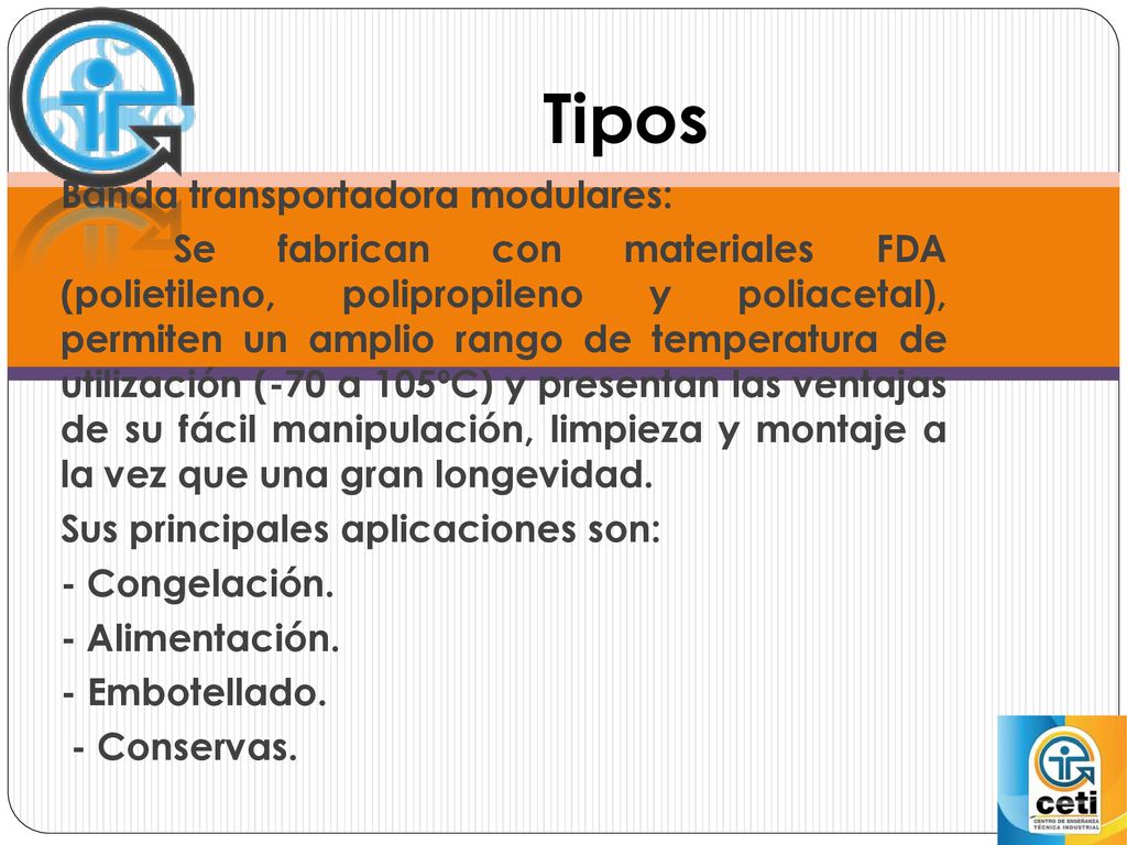Tipos Banda transportadora modulares: