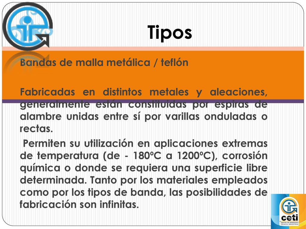 Tipos Bandas de malla metálica / teflón