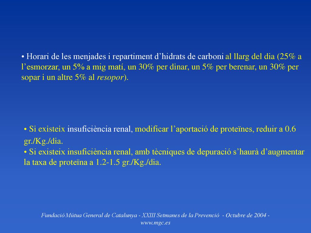 Horari de les menjades i repartiment d’hidrats de carboni al llarg del dia (25% a l’esmorzar, un 5% a mig matí, un 30% per dinar, un 5% per berenar, un 30% per sopar i un altre 5% al resopor).