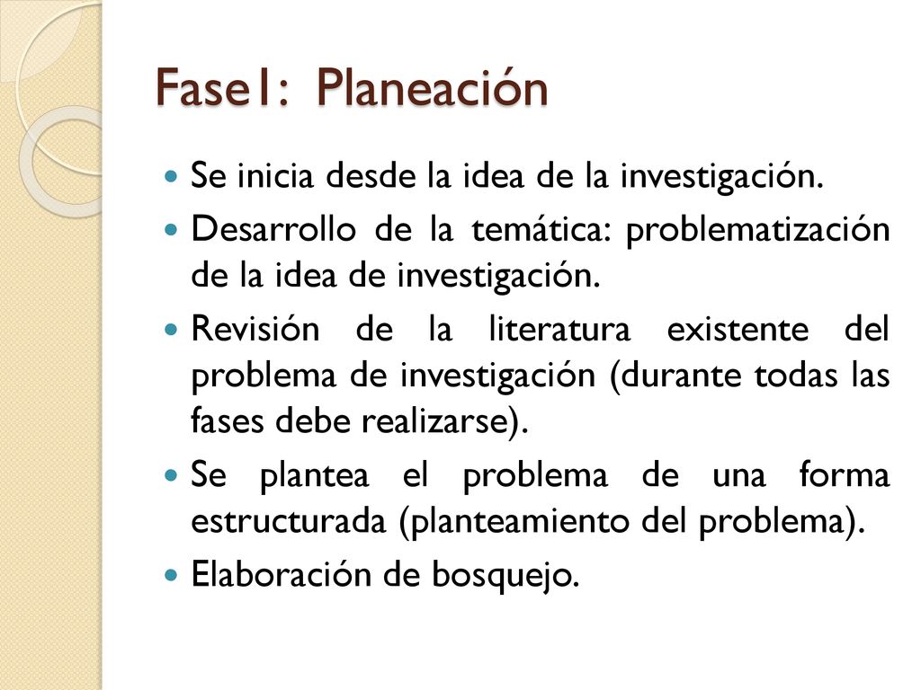 Fase1: Planeación Se inicia desde la idea de la investigación.