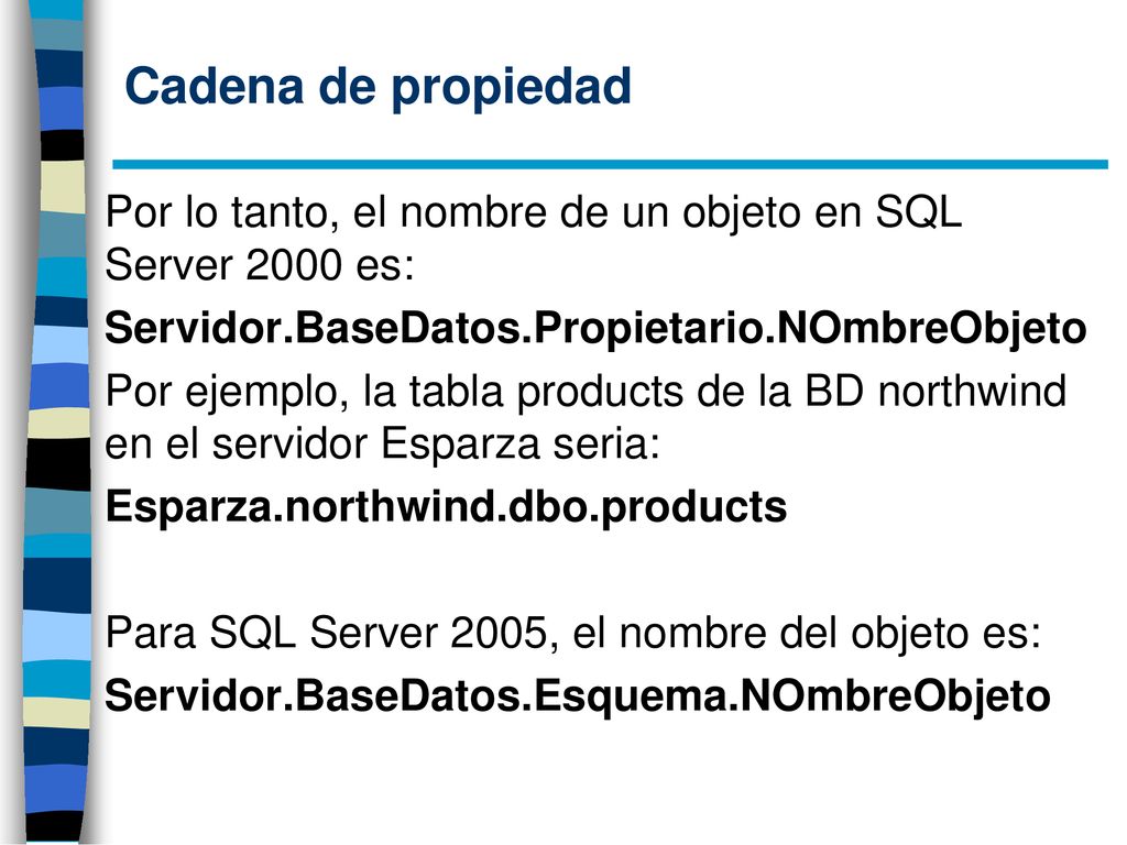 Cadena de propiedad Por lo tanto, el nombre de un objeto en SQL Server 2000 es: Servidor.BaseDatos.Propietario.NOmbreObjeto.