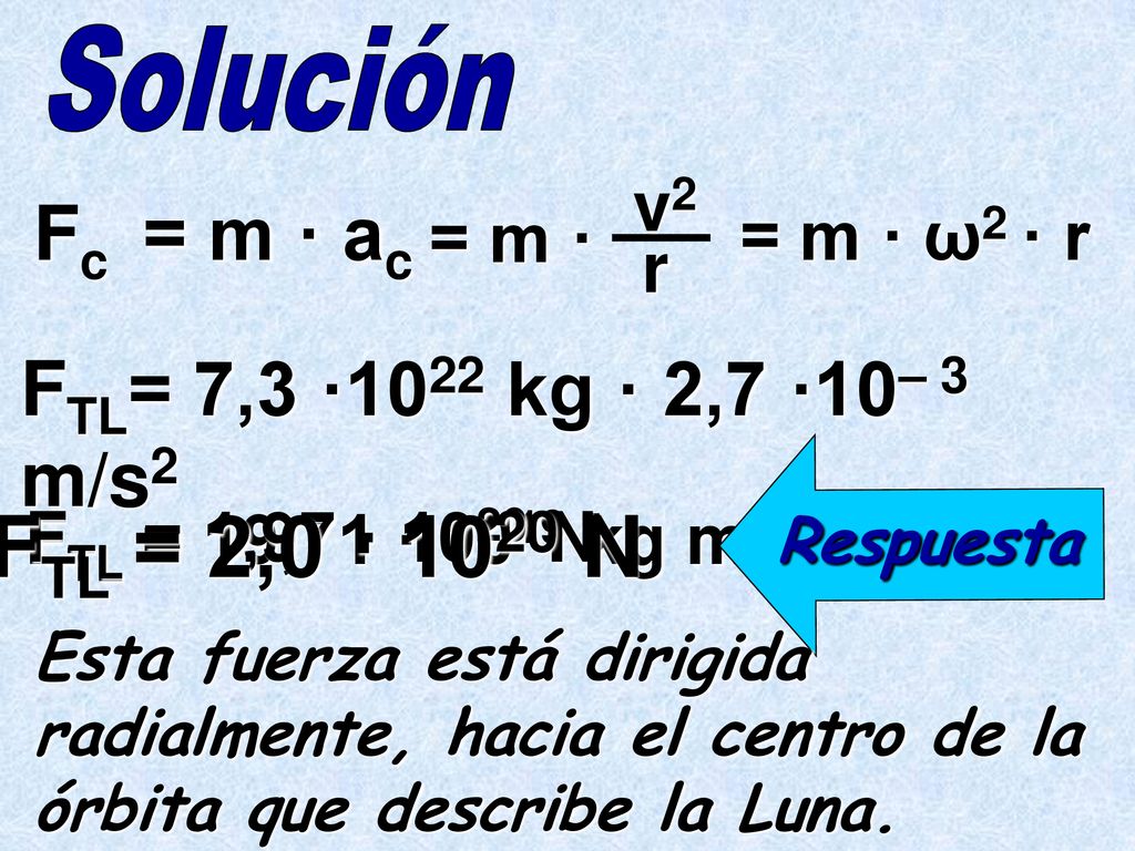 FTL = 2,0 · 1020 N Fc = m · ac FTL= 7,3 ·1022 kg · 2,7 ·10– 3 m/s2 v2