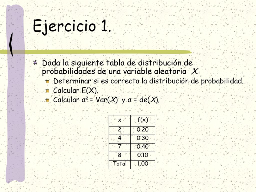 Ejercicio 1. Dada la siguiente tabla de distribución de probabilidades de una variable aleatoria X.