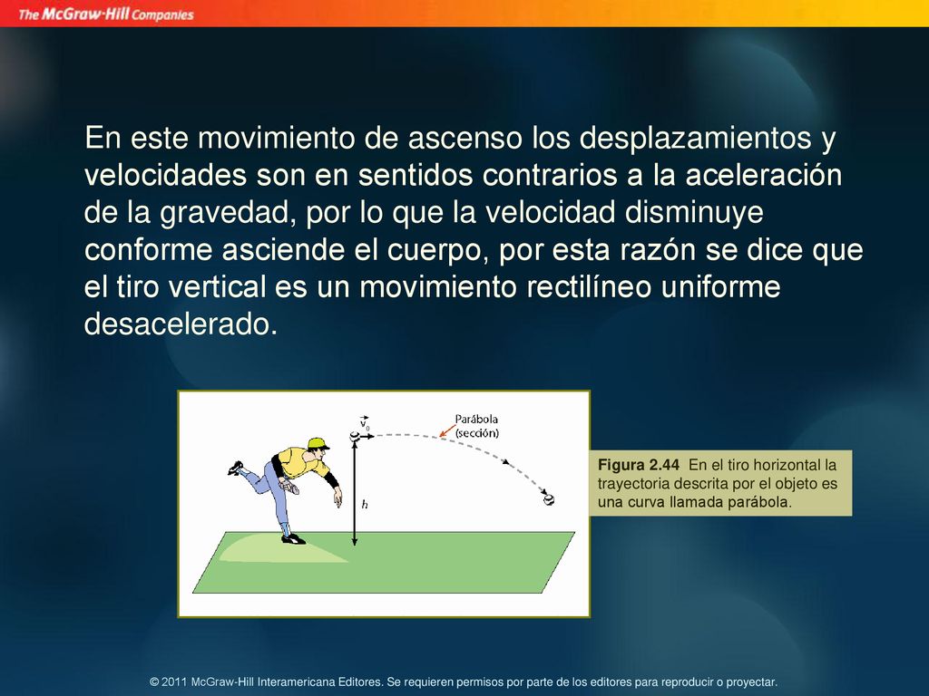 En este movimiento de ascenso los desplazamientos y velocidades son en sentidos contrarios a la aceleración de la gravedad, por lo que la velocidad disminuye conforme asciende el cuerpo, por esta razón se dice que el tiro vertical es un movimiento rectilíneo uniforme desacelerado.