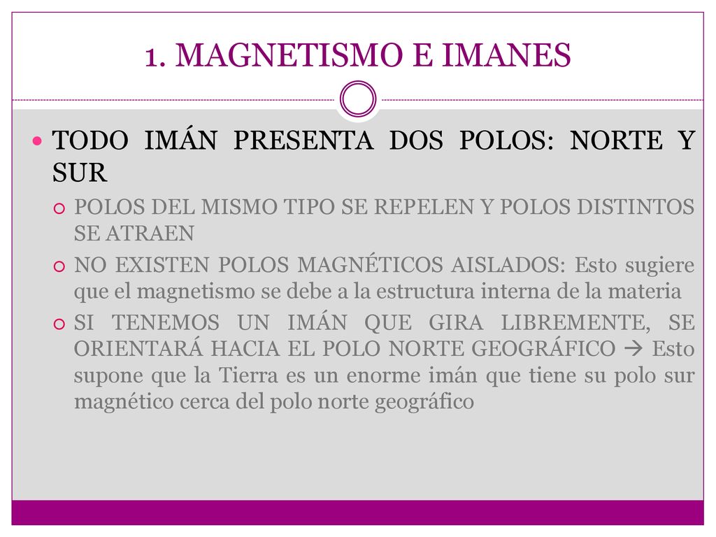 1. MAGNETISMO E IMANES TODO IMÁN PRESENTA DOS POLOS: NORTE Y SUR