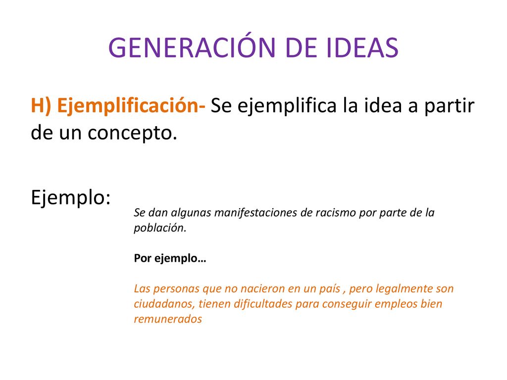 GENERACIÓN DE IDEAS H) Ejemplificación- Se ejemplifica la idea a partir de un concepto. Ejemplo: