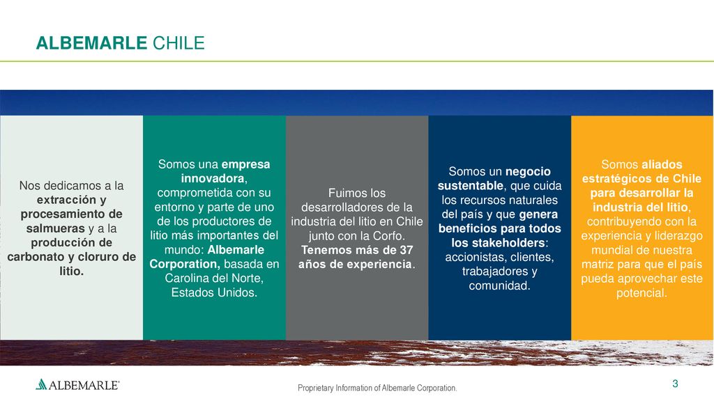 ALBEMARLE CHILE Fuimos los desarrolladores de la industria del litio en Chile junto con la Corfo. Tenemos más de 37 años de experiencia.