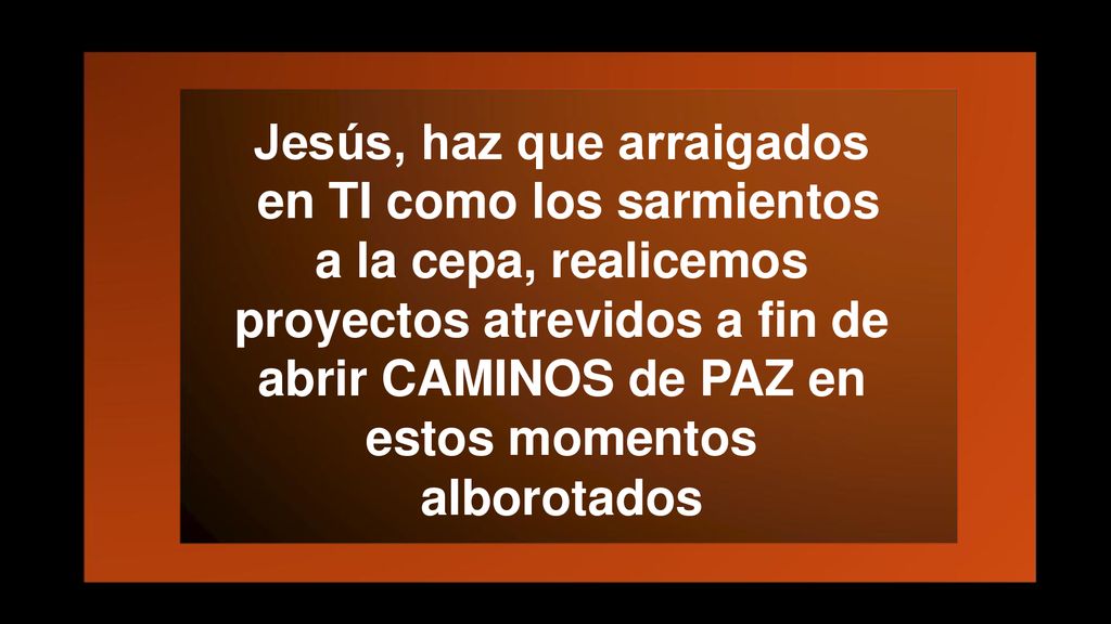Jesús, haz que arraigados en TI como los sarmientos a la cepa, realicemos proyectos atrevidos a fin de abrir CAMINOS de PAZ en estos momentos alborotados
