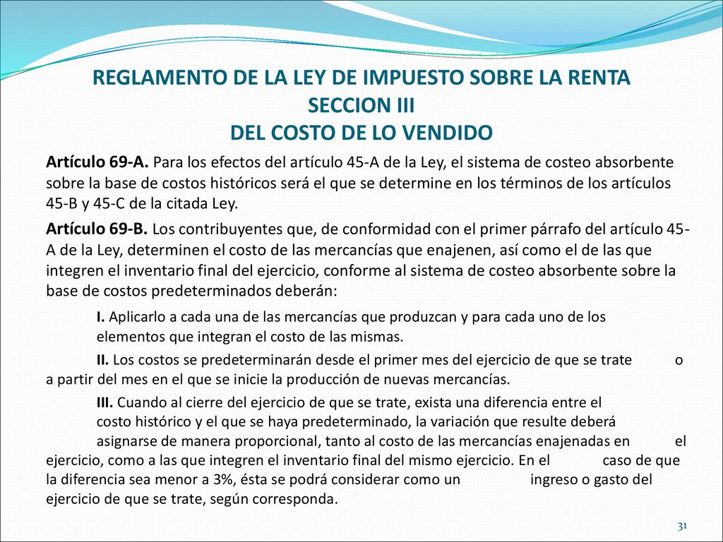 REGLAMENTO DE LA LEY DE IMPUESTO SOBRE LA RENTA SECCION III DEL COSTO DE LO VENDIDO