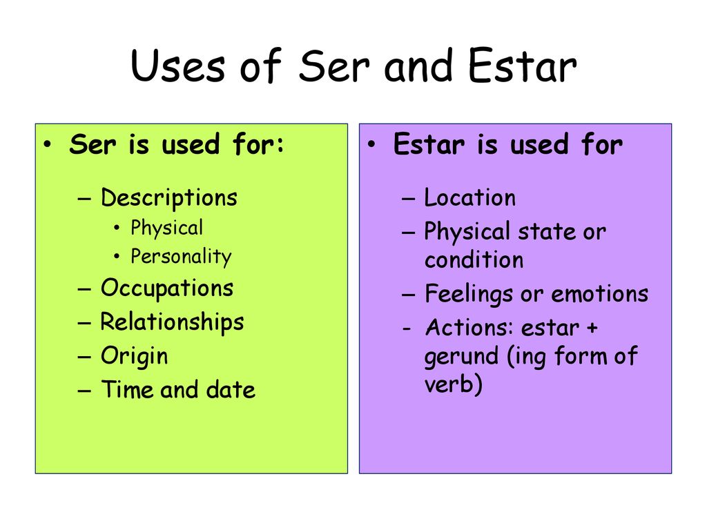 Uses of Ser and Estar Ser is used for: Estar is used for Descriptions