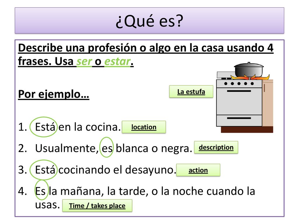 ¿Qué es Describe una profesión o algo en la casa usando 4 frases. Usa ser o estar. Por ejemplo… Está en la cocina.
