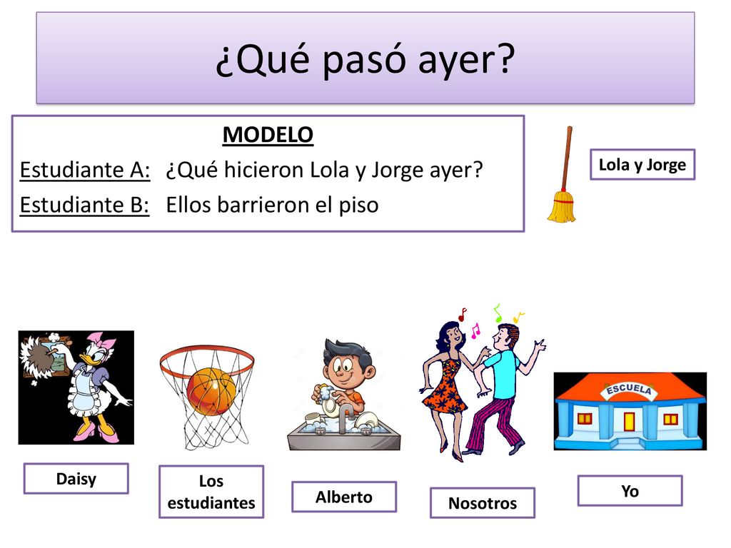 ¿Qué pasó ayer MODELO Estudiante A: ¿Qué hicieron Lola y Jorge ayer Estudiante B: Ellos barrieron el piso