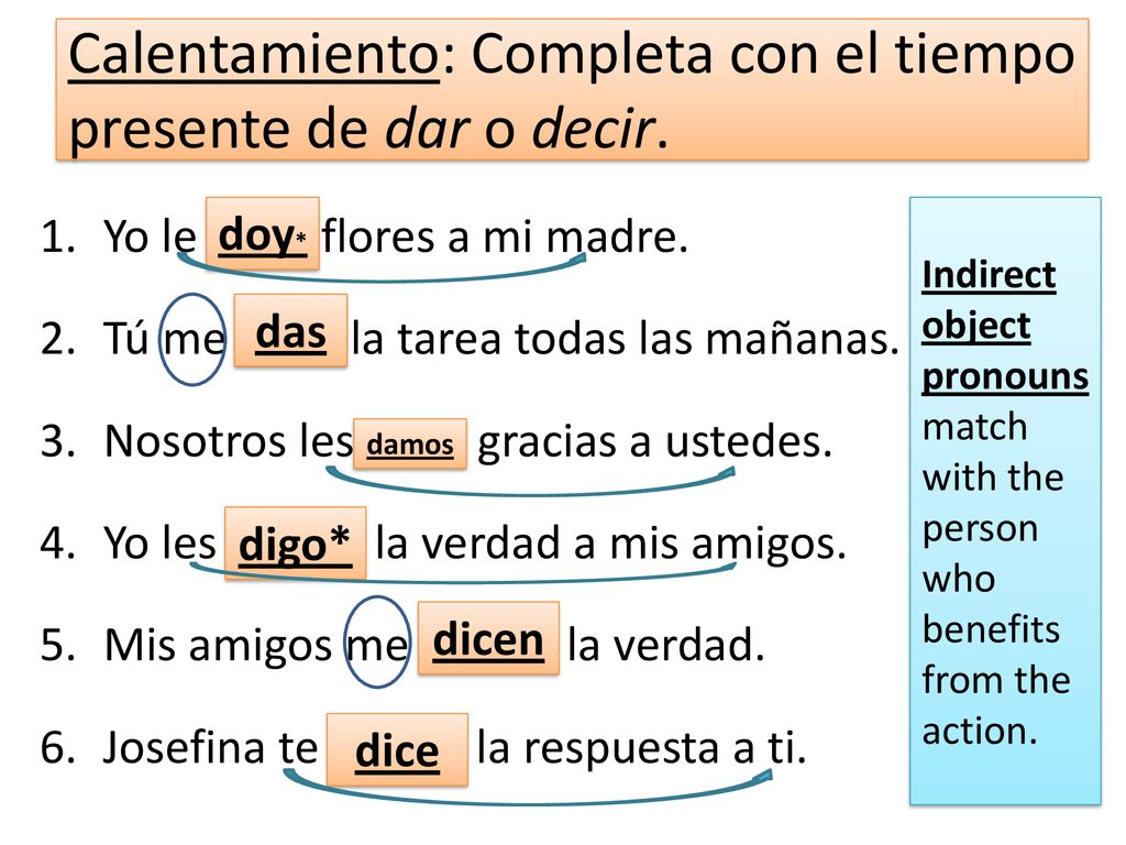 Calentamiento: Completa con el tiempo presente de dar o decir.