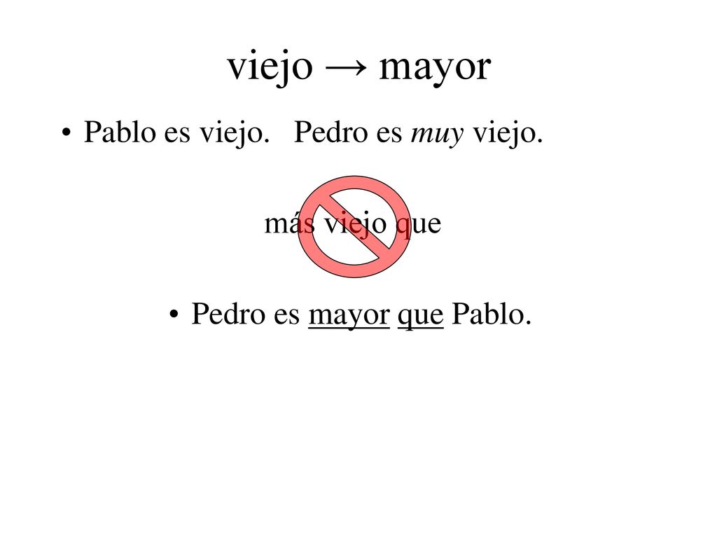 viejo → mayor Pablo es viejo. Pedro es muy viejo. más viejo que