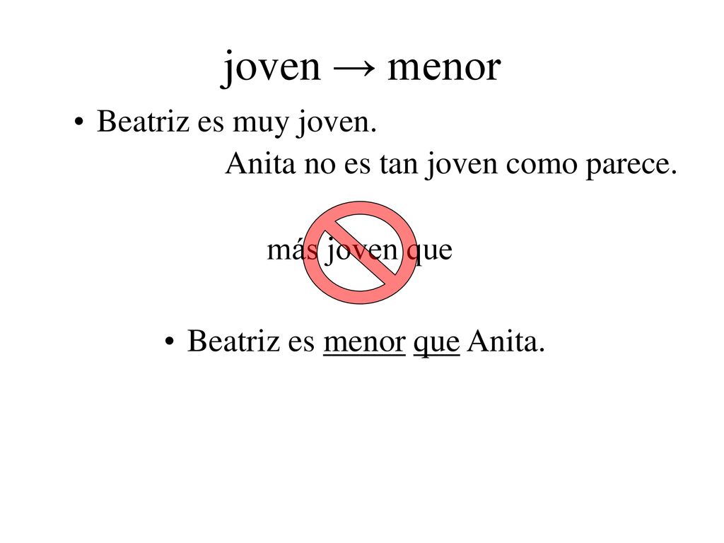 joven → menor Beatriz es muy joven. Anita no es tan joven como parece.