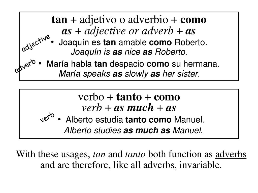 tan + adjetivo o adverbio + como as + adjective or adverb + as