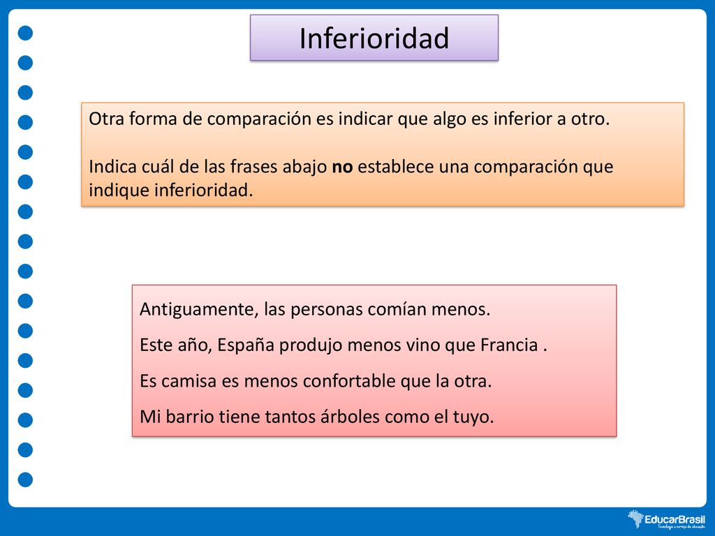 Inferioridad Otra forma de comparación es indicar que algo es inferior a otro.