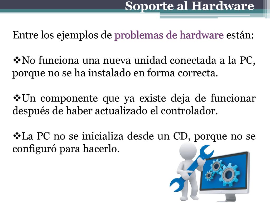 Soporte al Hardware Entre los ejemplos de problemas de hardware están: