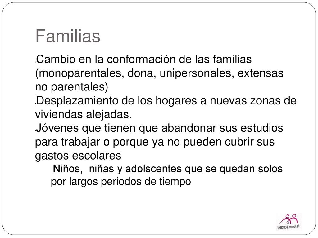 Familias Cambio en la conformación de las familias (monoparentales, dona, unipersonales, extensas no parentales)