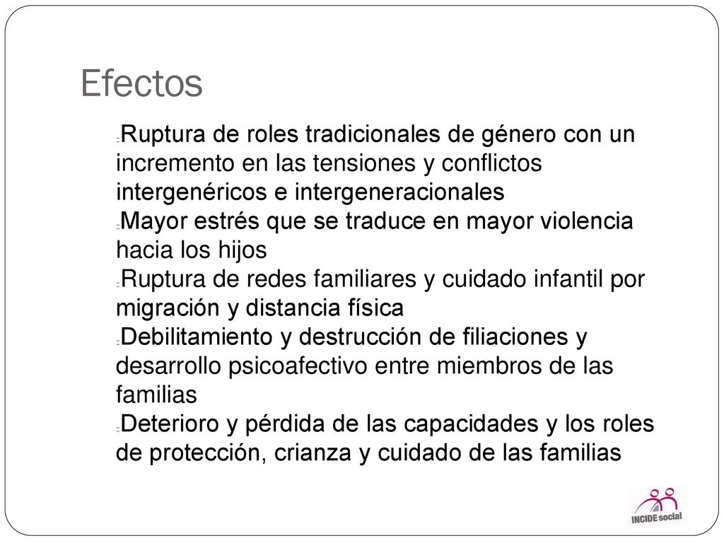 Efectos Ruptura de roles tradicionales de género con un incremento en las tensiones y conflictos intergenéricos e intergeneracionales.