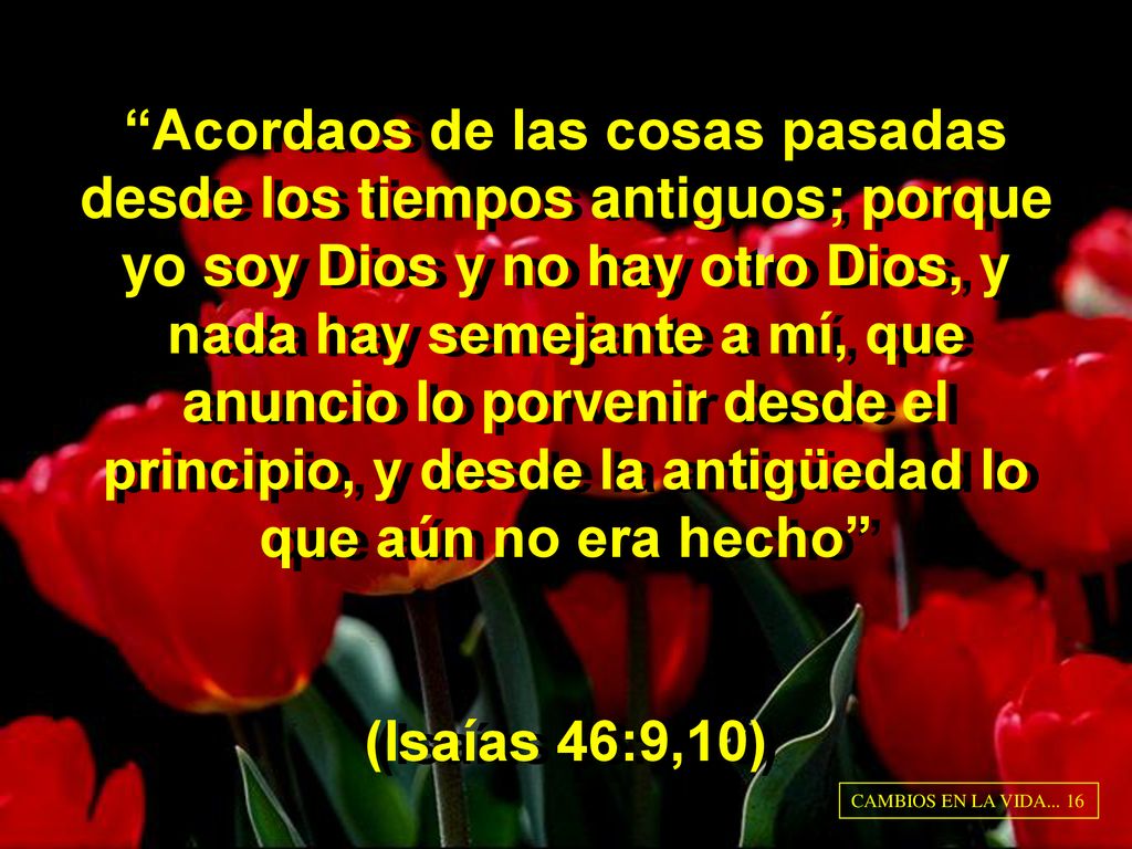 Acordaos de las cosas pasadas desde los tiempos antiguos; porque yo soy Dios y no hay otro Dios, y nada hay semejante a mí, que anuncio lo porvenir desde el principio, y desde la antigüedad lo que aún no era hecho (Isaías 46:9,10)