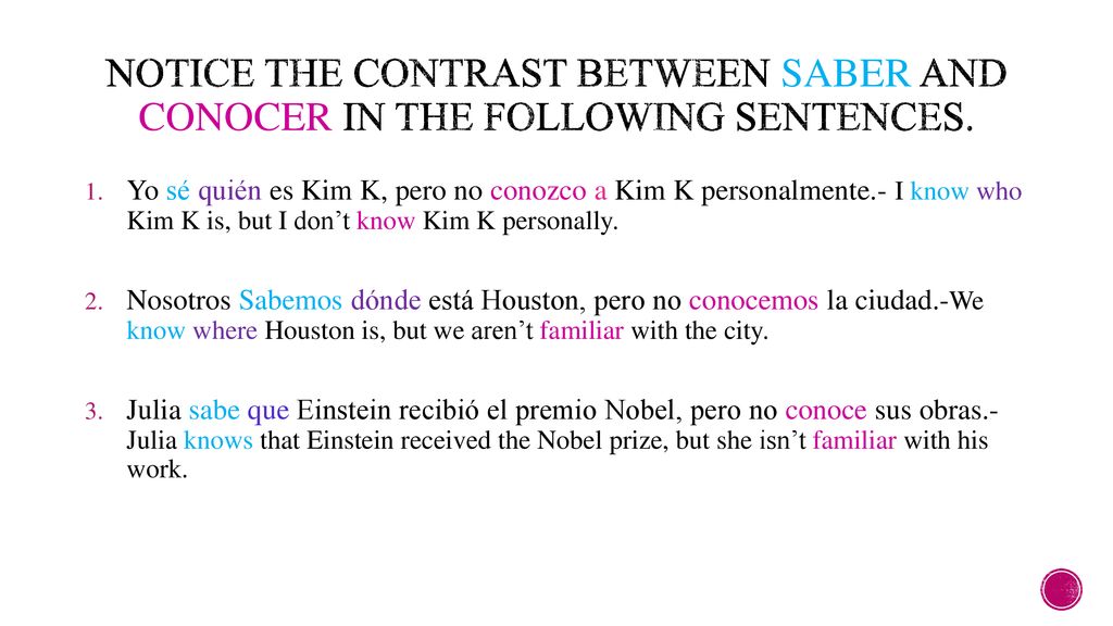 Notice the contrast between saber and conocer in the following sentences.