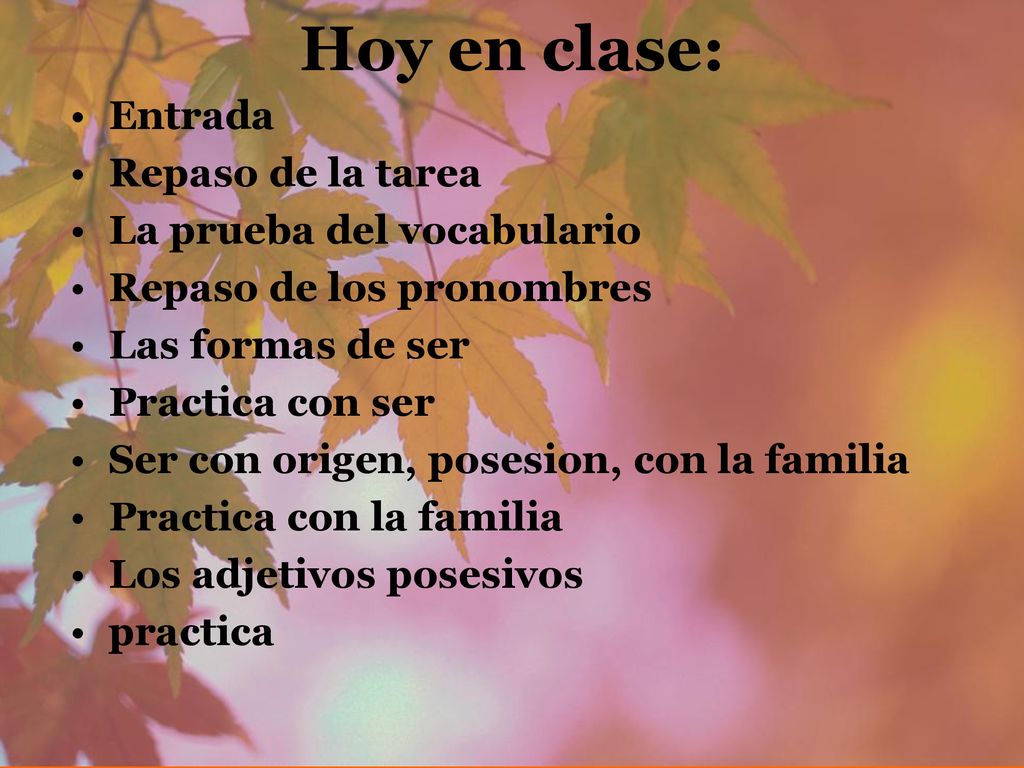 Hoy en clase: Entrada Repaso de la tarea La prueba del vocabulario