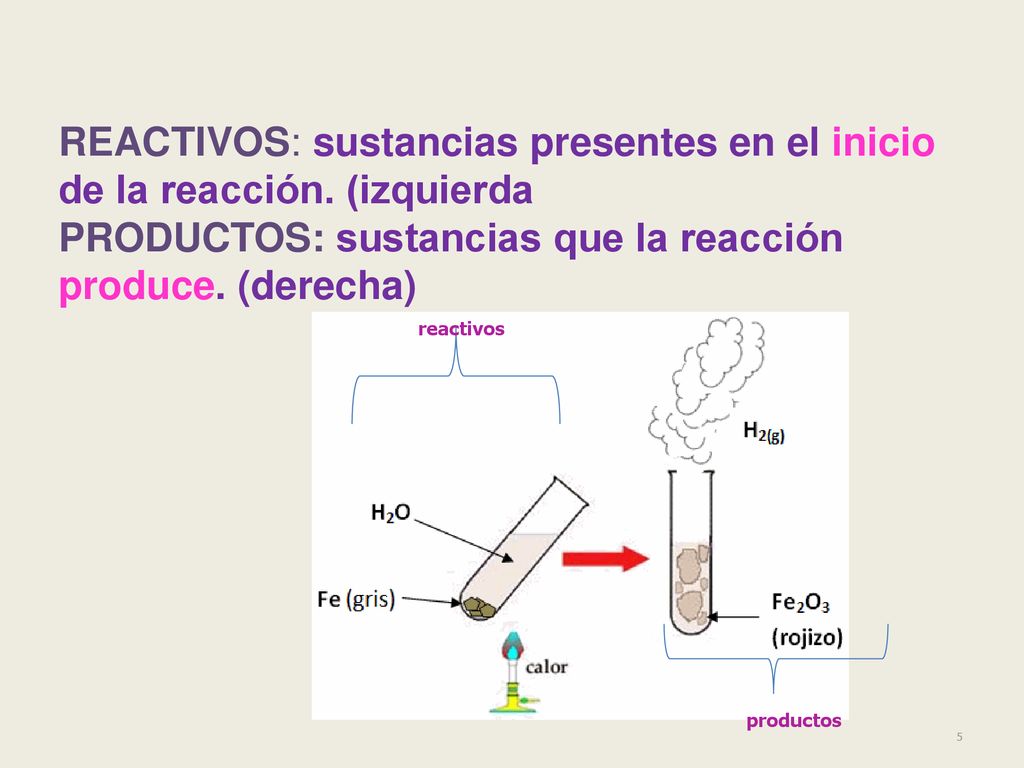 PRODUCTOS: sustancias que la reacción produce. (derecha)