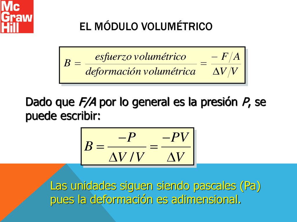 El módulo volumétrico Dado que F/A por lo general es la presión P, se puede escribir:
