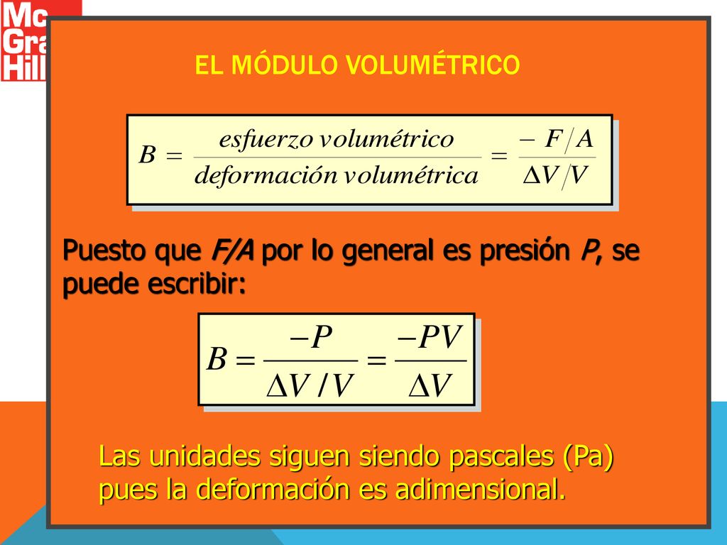 El módulo volumétrico Puesto que F/A por lo general es presión P, se puede escribir: