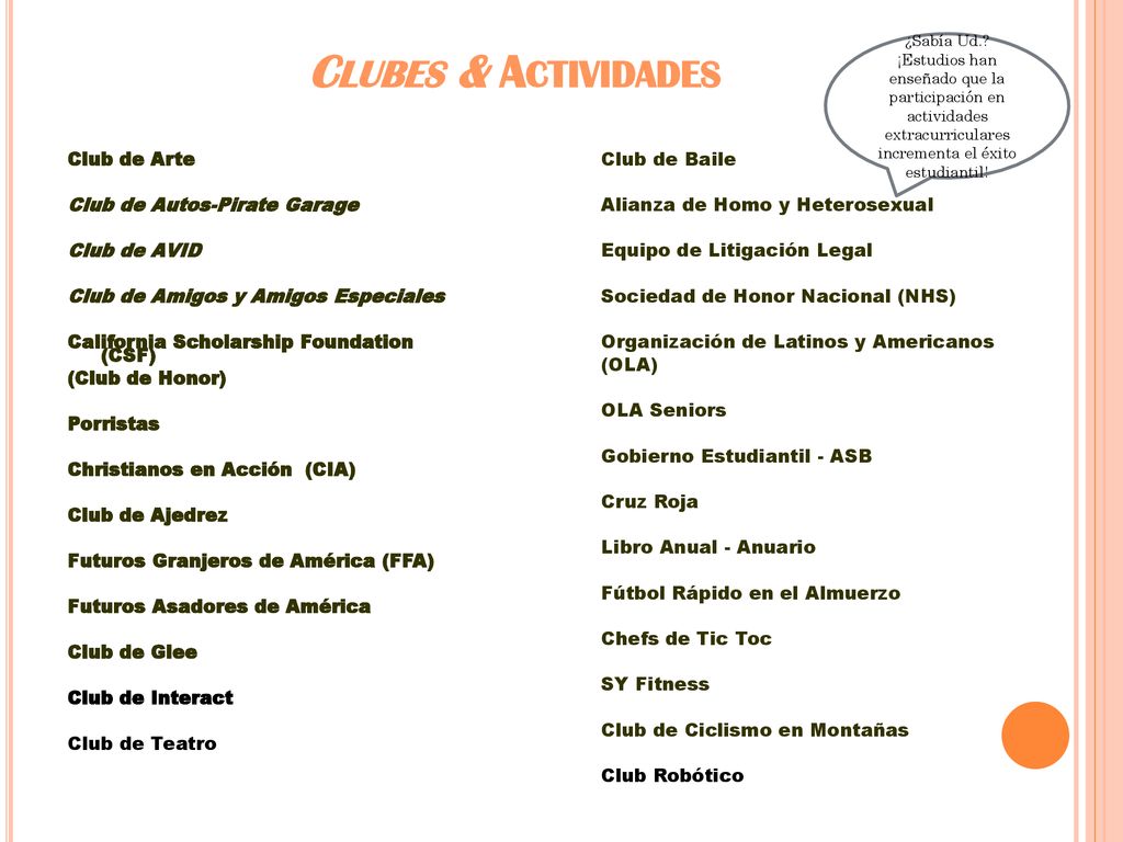 Clubes & Actividades ¿Sabía Ud. ¡Estudios han enseñado que la participación en actividades extracurriculares incrementa el éxito estudiantil!