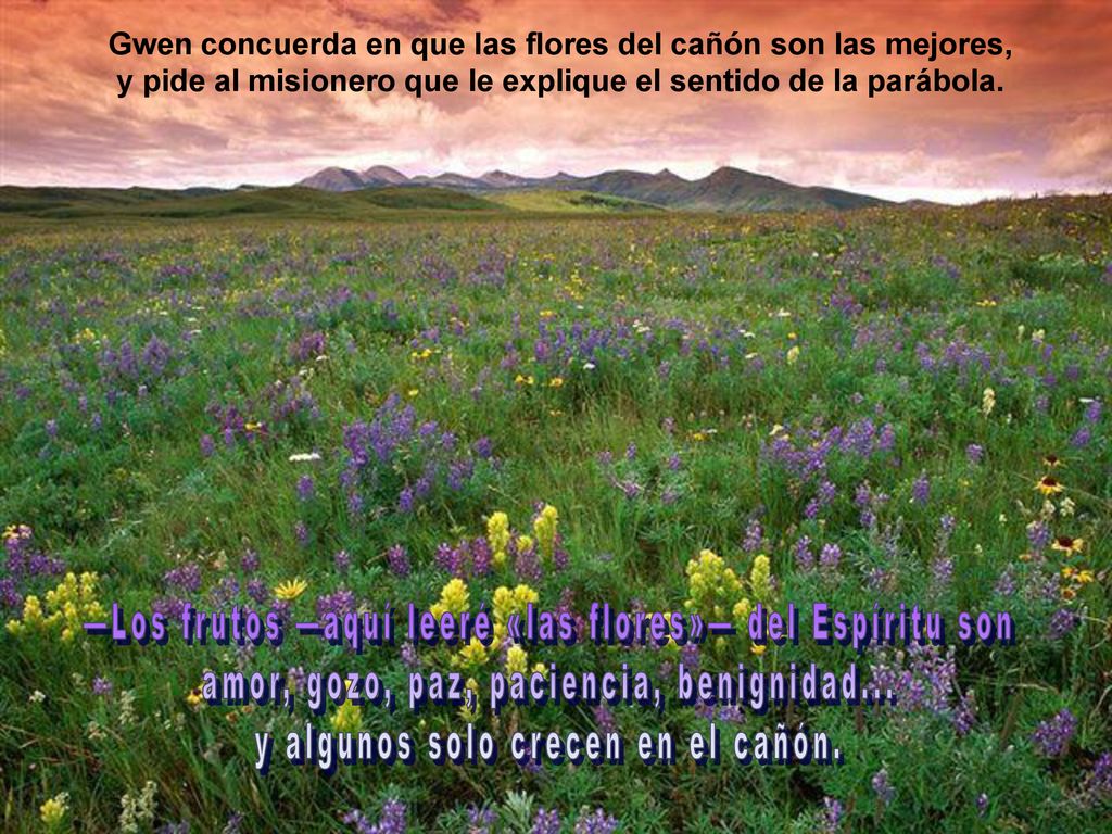 —Los frutos —aquí leeré «las flores»— del Espíritu son