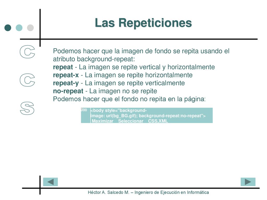 Las Repeticiones Podemos hacer que la imagen de fondo se repita usando el atributo background-repeat: