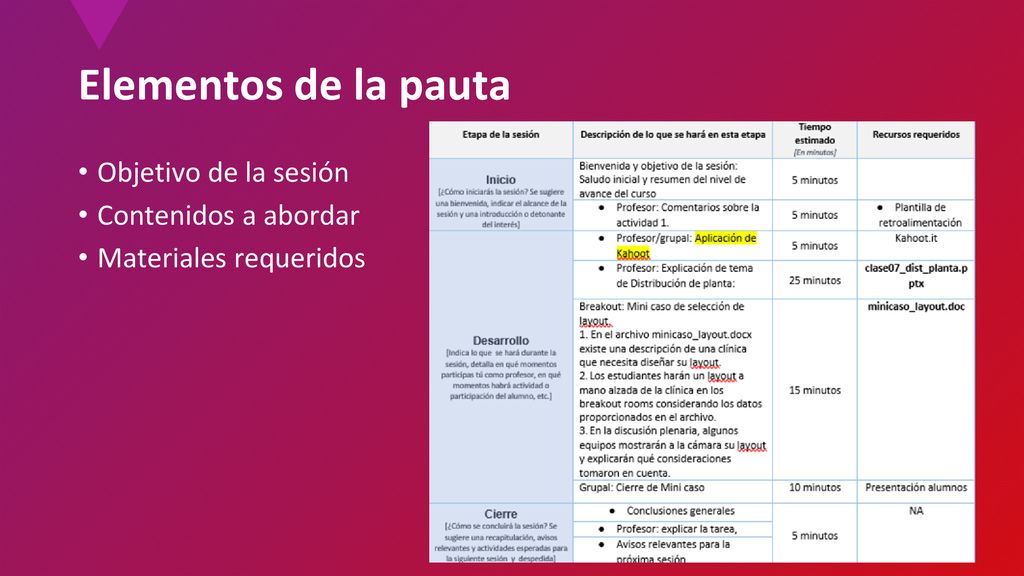 Elementos de la pauta Objetivo de la sesión Contenidos a abordar
