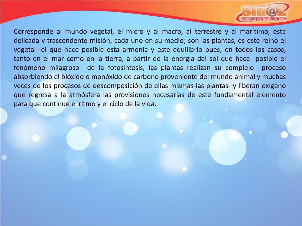 Corresponde al mundo vegetal, el micro y al macro, al terrestre y al marítimo, esta delicada y trascendente misión, cada uno en su medio; son las plantas, es este reino-el vegetal- el que hace posible esta armonía y este equilibrio pues, en todos los casos, tanto en el mar como en la tierra, a partir de la energía del sol que hace posible el fenómeno milagroso de la fotosíntesis, las plantas realizan su complejo proceso absorbiendo el bióxido o monóxido de carbono proveniente del mundo animal y muchas veces de los procesos de descomposición de ellas mismas-las plantas- y liberan oxígeno que regresa a la atmósfera las provisiones necesarias de este fundamental elemento para que continúe el ritmo y el ciclo de la vida.