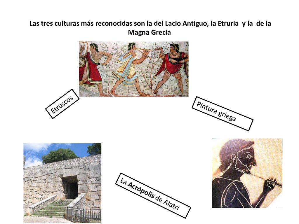 Las tres culturas más reconocidas son la del Lacio Antiguo, la Etruria y la de la Magna Grecia