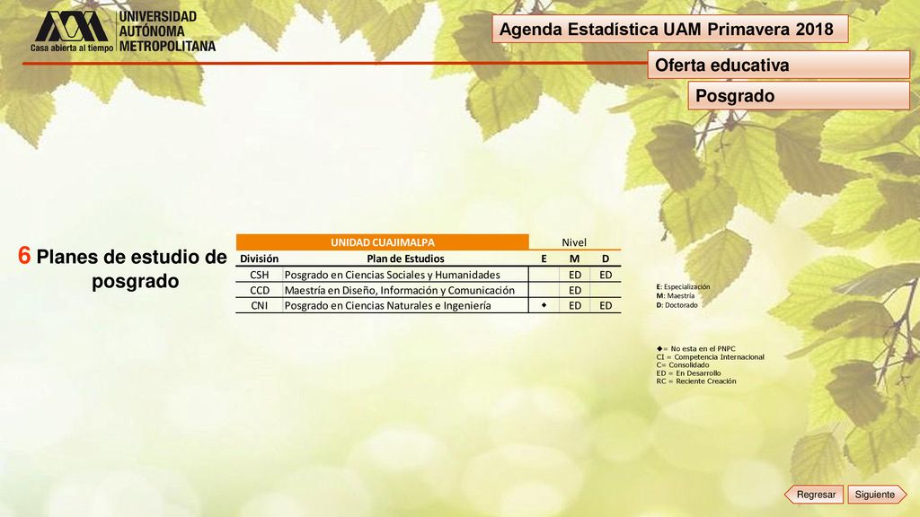 6 Planes de estudio de posgrado Agenda Estadística UAM Primavera 2018