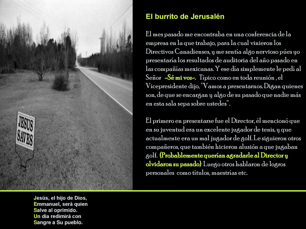 El burrito de Jerusalén El mes pasado me encontraba en una conferencia de la empresa en la que trabajo, para la cual vinieron los Directivos Canadienses, y me sentía algo nervioso púes yo presentaría los resultados de auditoria del año pasado en las compañías mexicanas. Y ese día simplemente le pedí al Señor -Sé mi voz-. Típico como en toda reunión , el Vicepresidente dijo, Vamos a presentarnos. Digan quienes son, de que se encargan y algo de su pasado que nadie más en esta sala sepa sobre ustedes . El primero en presentarse fue el Director, él mencionó que en su juventud era un excelente jugador de tenis, y que actualmente era un mal jugador de golf. Le siguieron otros compañeros, que también hicieron alusión a que jugaban golf. (Probablemente querían agradarle al Director y olvidaron su pasado) Luego otros hablaron de logros personales como títulos, maestrías etc.