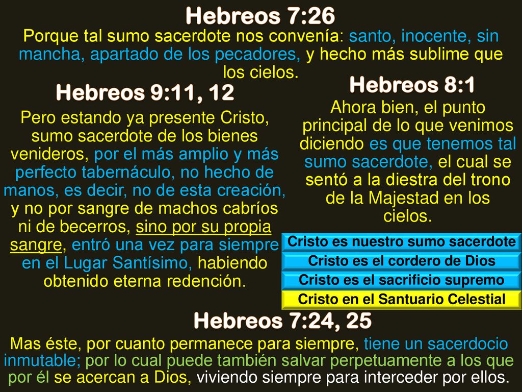 Hebreos 7:26 Hebreos 8:1 Hebreos 9:11, 12 Hebreos 7:24, 25