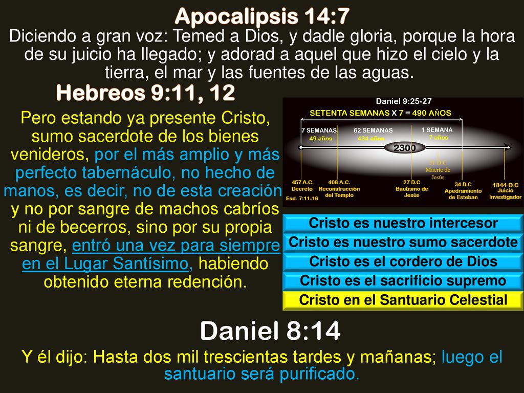 Daniel 8:14 Apocalipsis 14:7 Hebreos 9:11, 12