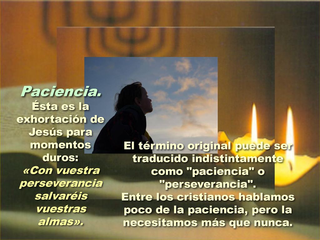 Paciencia. Ésta es la exhortación de Jesús para momentos duros: «Con vuestra perseverancia salvaréis vuestras almas».