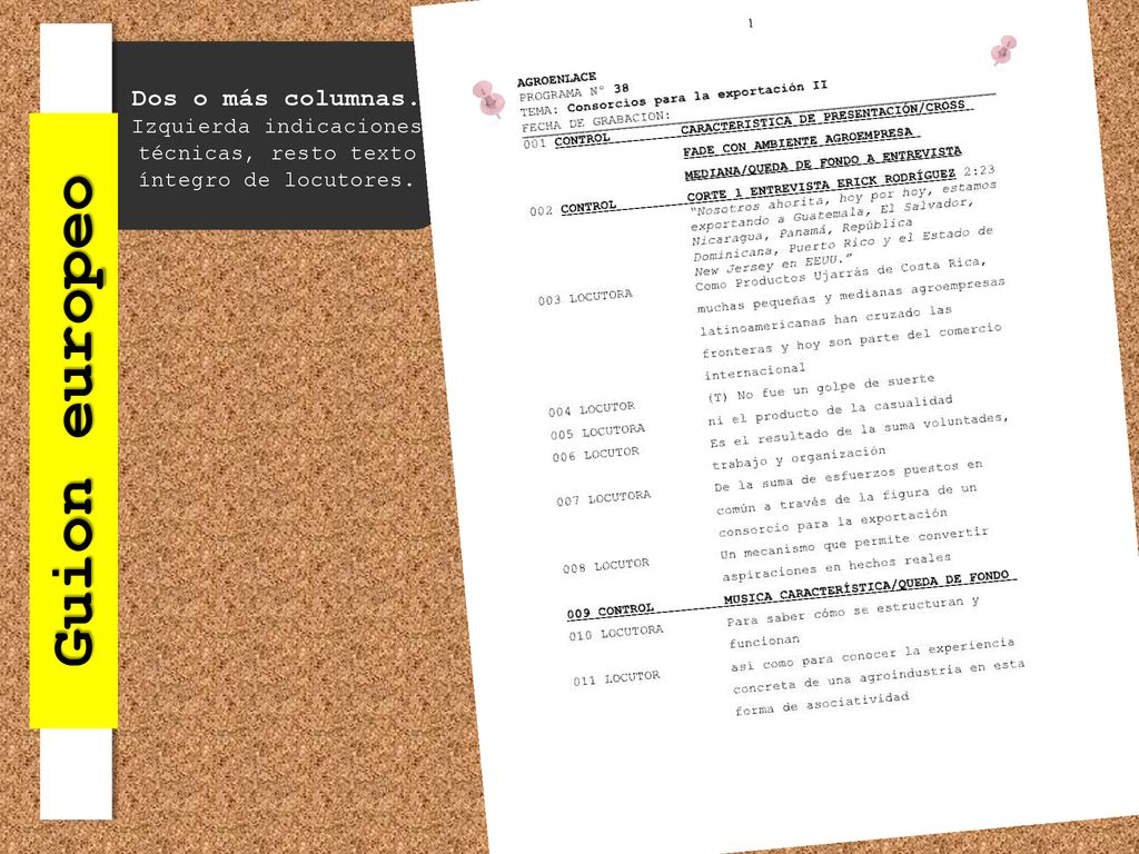 Dos o más columnas. Izquierda indicaciones técnicas, resto texto íntegro de locutores.
