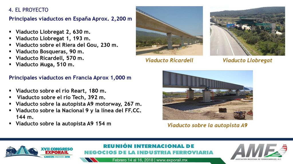 4. EL PROYECTO Principales viaductos en España Aprox. 2,200 m. Viaducto Llobregat 2, 630 m. Viaducto Llobregat 1, 193 m.