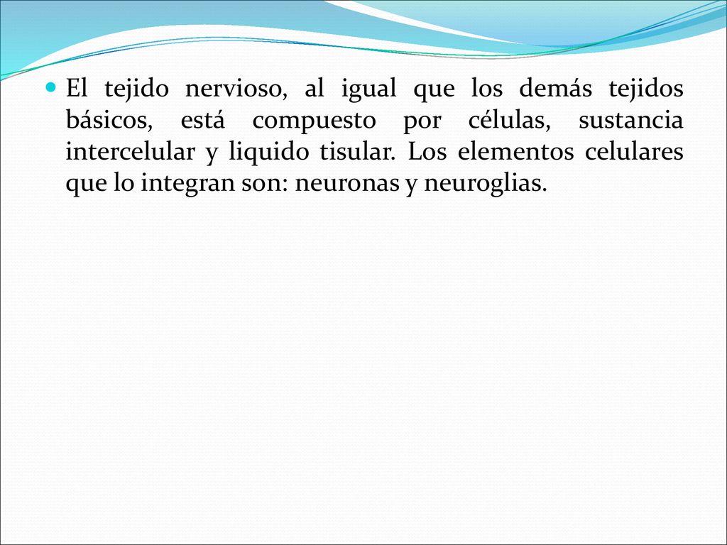 El tejido nervioso, al igual que los demás tejidos básicos, está compuesto por células, sustancia intercelular y liquido tisular.