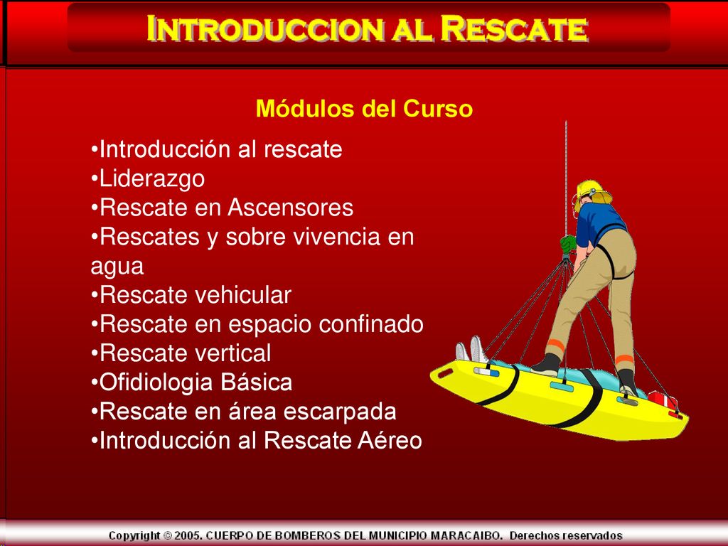 Módulos del Curso Introducción al rescate. Liderazgo. Rescate en Ascensores. Rescates y sobre vivencia en agua.